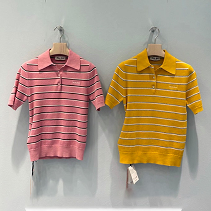 miu miu multicolor stripe polo collar short sleeve knit top
